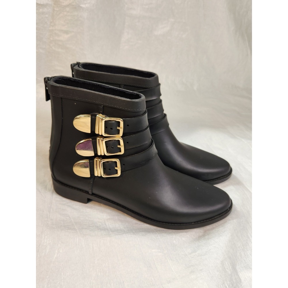 Loeffler Randall gold buckle Rubber Side Straps Zip-Up Rain Boots Black 7 Zip